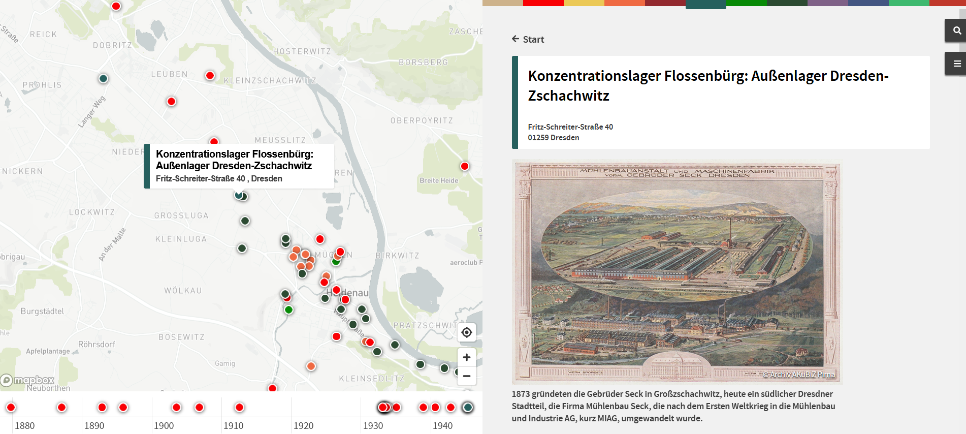 Screenshot der Webseite "gedenkplaetze.info" mit der geöffneten Seite zum Außenlager Dresden-Zschachwitz.